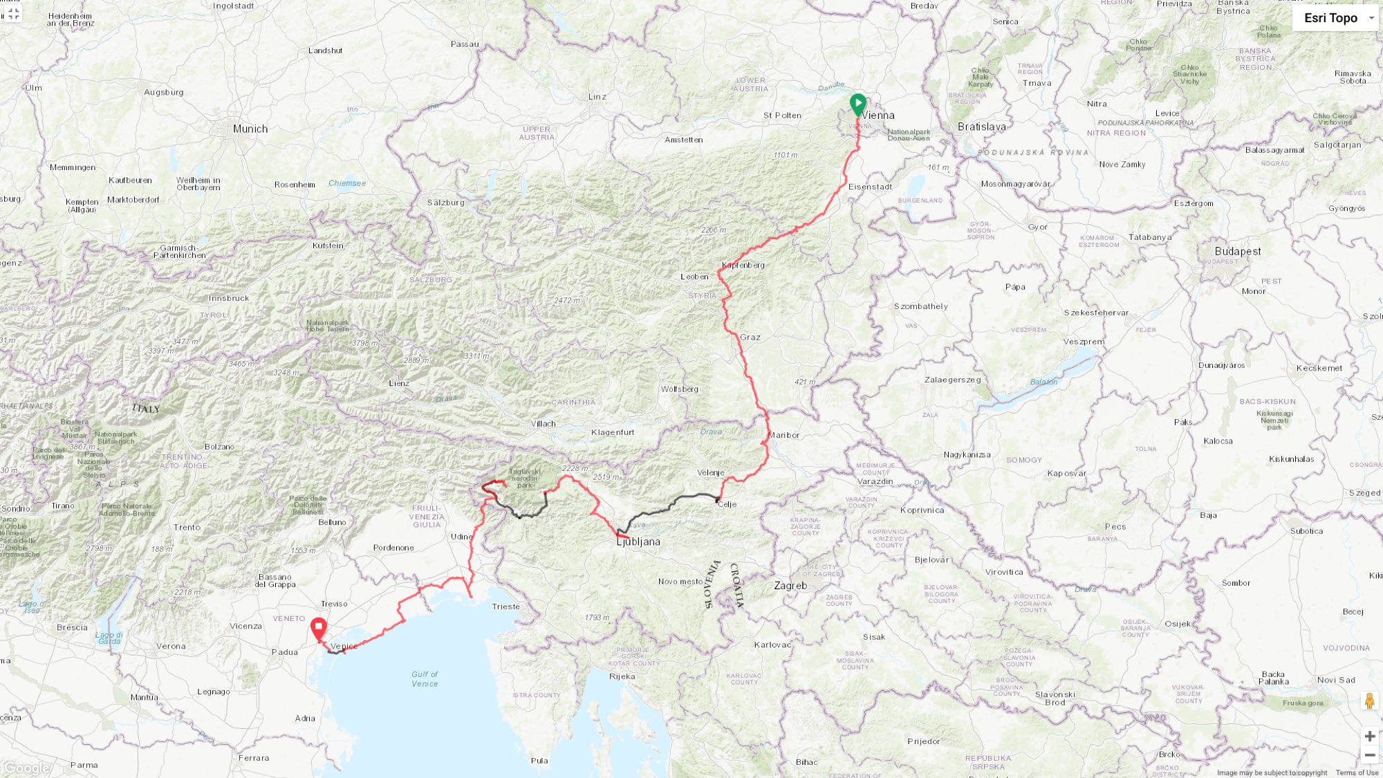 Mapa 2: em vermelho as partes que pedalamos e em preto as partes que pegamos ônibus/trem/carona.